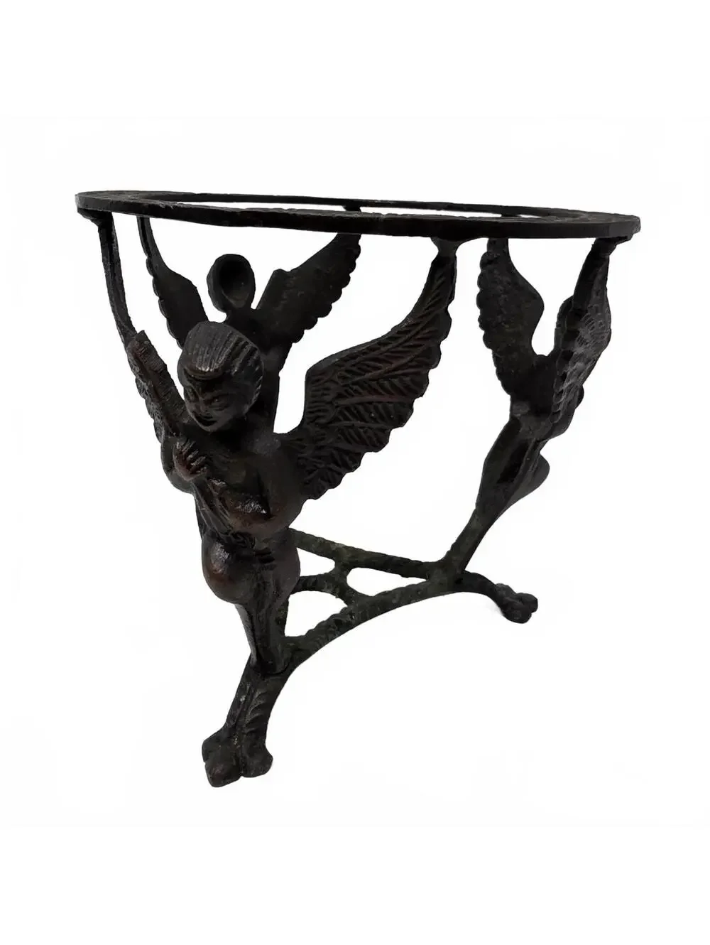 Vintage Brass or Bronze Angel Bowl Stand Verdigris Tripod Pedestal